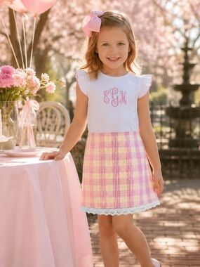 Sixth Alice Girls Plaid Seersucker Skirt Pink Yellow Lace Trim Size 5‎ NWT